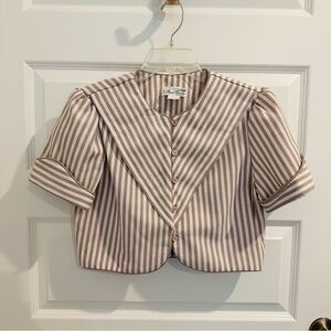 Vintage Striped Cropped Button-Up Top with Sailor Collar - Pink & White